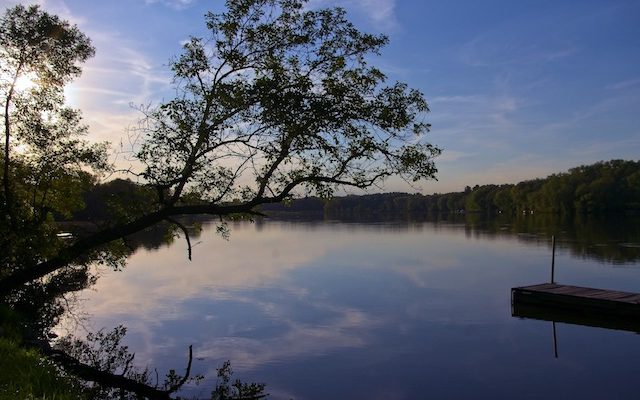 A picture of a lake with trees hanging over the water and the end of a dock