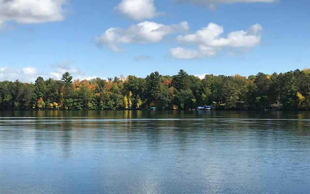 A blue lake sits in front of a shoreline housing many colorful trees